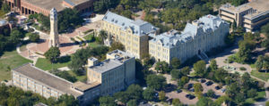 St. Mary's University aerial view featuring St. Louis Hall, Chaminade Hall, Charles Francis, and the Bell Tower