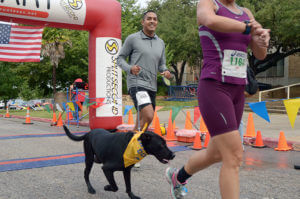 Two 5k runners cross the finish line with their dog