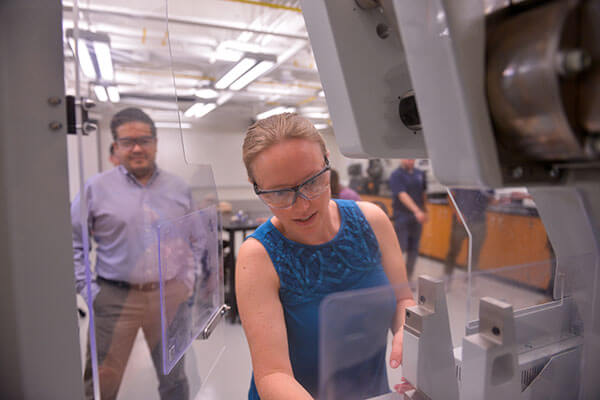 Amber McClung, Ph.D., in the Mechanical Engineering lab.