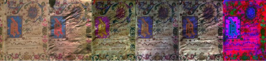 An illuminated manuscript test artifact shown using conventional photography (first in row) and then using additional spectral and reflectance transformation technologies that will be applied to The Book of Jubilees.