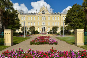 Front of St. Louis Hall featuring blooming pink, red and white petunias in front