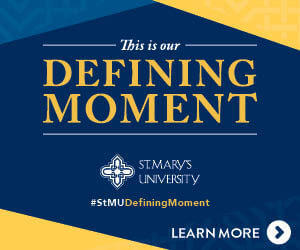 This is our Defining Moment, St. Mary's Logo, #StMUDefiningMoment, Learn More