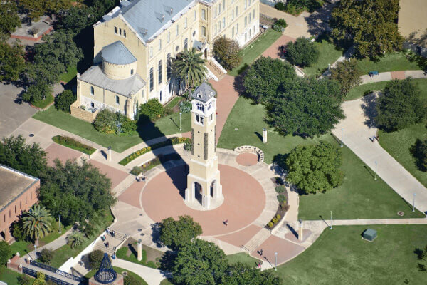 Aerial view of the bell tower and Reinboldt Hall