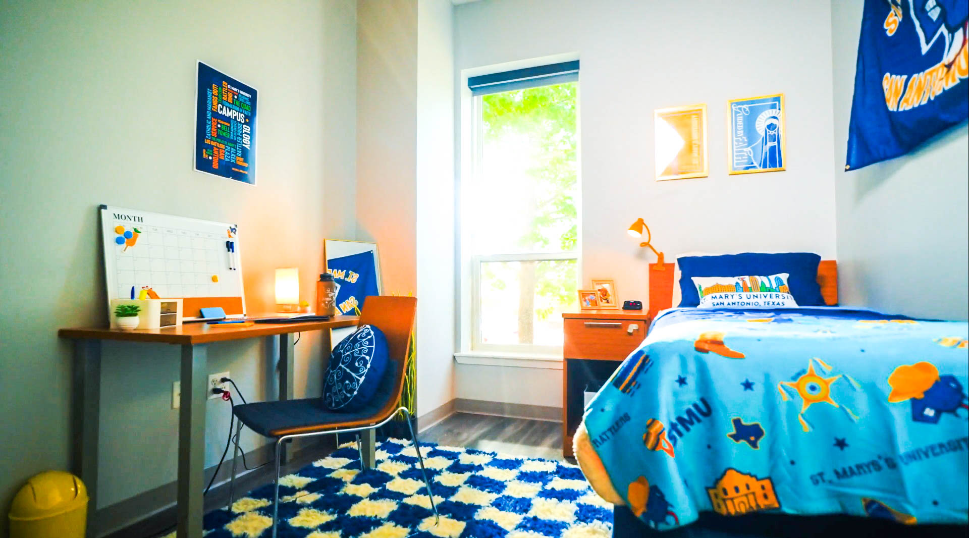 A bed and table.