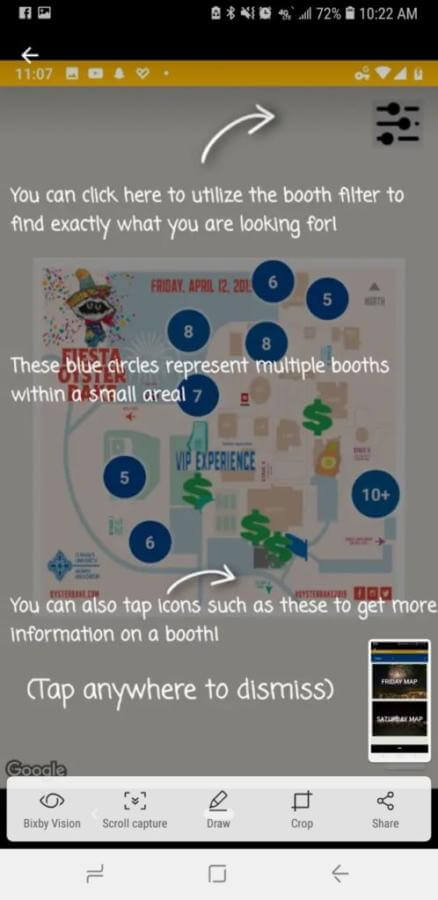 Fiesta Oyster Bake Companion app shows the festival map with food and other booth locations.