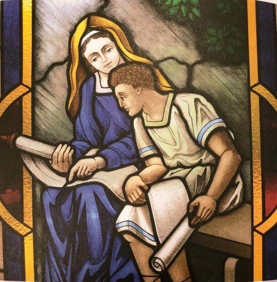 Stained glass window of Mary teaching Jesus, Chapel of the Immaculate Conception, University of Dayton