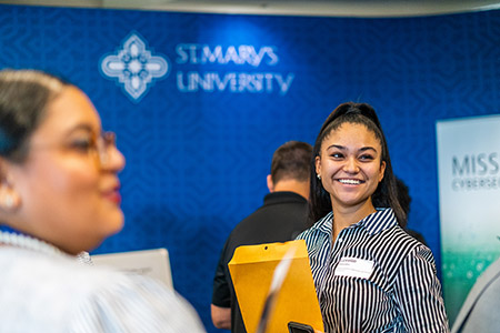 student at career and internship fair