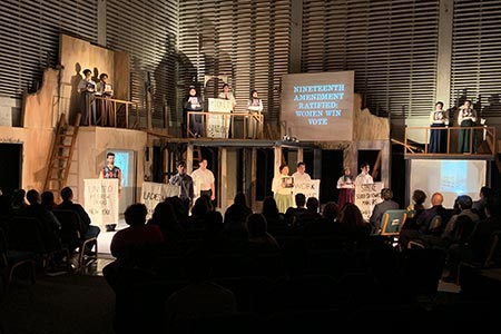 A crowd view of a StMU Theatre production of Triangle Factory Fire