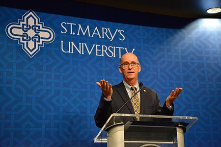 President Mengler giving speech at a podium