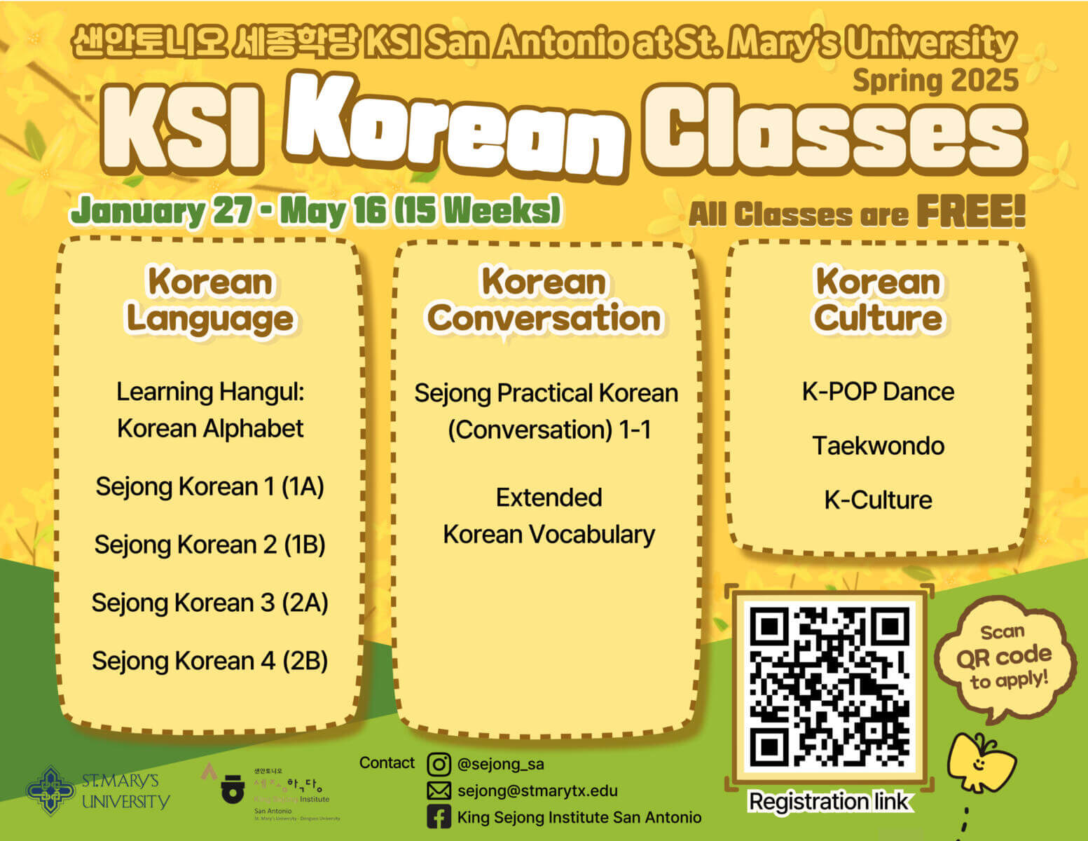 San Antonio King Sejong Institute Classes for Spring 2025 all classes are free