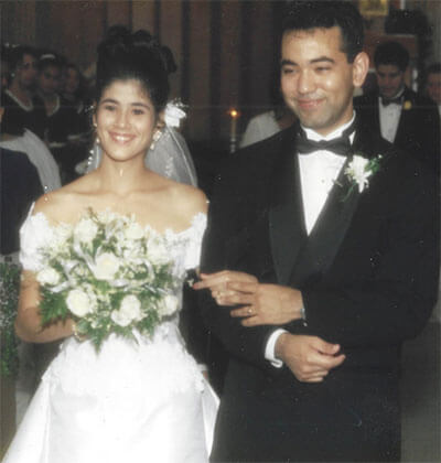 Enrique and Sonya Alemán on their wedding day in Assumption Chapel in 1995