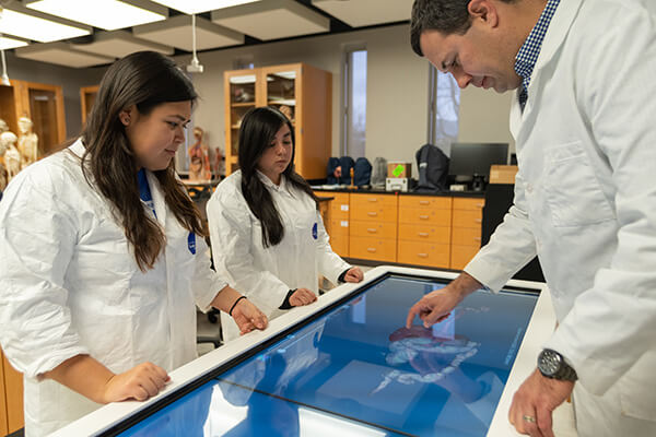 Professor Ted Macrini and students using the Anatomage Table.