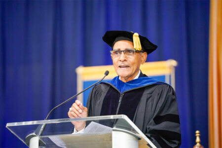 Charles Anderson gives a speech to the audience during the Spring 2022 University Commencement. 