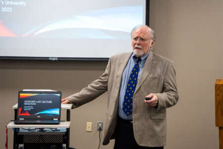 Larry Hufford, Ph.D., gives his final honors lecture in University Center, Conference Room B.
