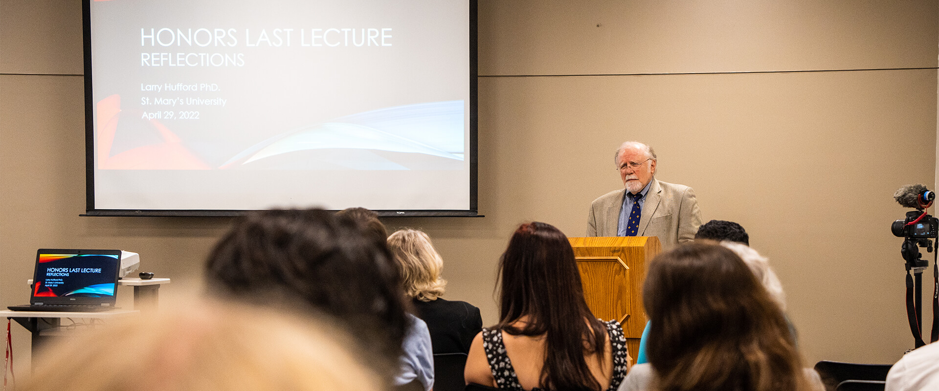 Larry Hufford, Ph.D., gives his final lecture at St. Mary's University.