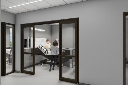 A rendering depicts a teaching space in the new IBC Foundation Nursing Wing.