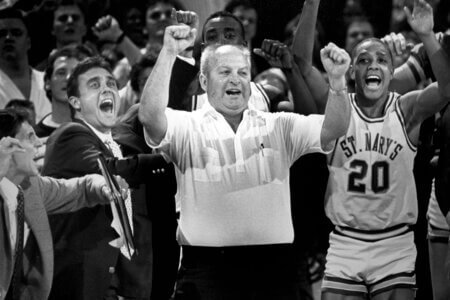 1988-1989 Men’s Basketball Team, Coaching Staff: Buddy Meyer (B.A. ’65), Jim Zeleznak (B.A. ’79), Steve Sylestine, Dr. Jesse DeLee