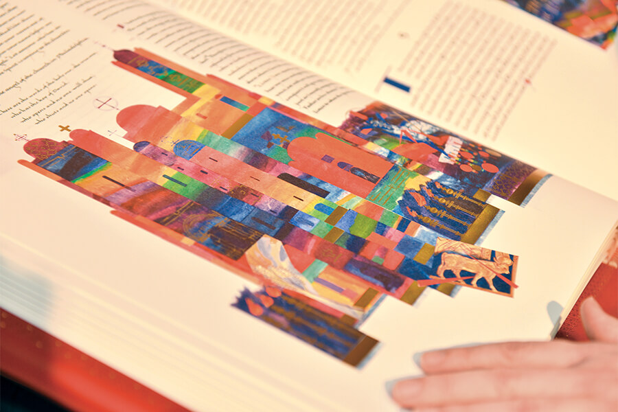 Inside of the very vibrant and colorful St. John's Bible on display at St. Mary's University. Saint John's Bible
