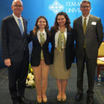 St. Mary’s University President Thomas M. Mengler, J.D., left, and Sergio Rodríguez, Foundation President and CEO and nephew of Hector and Gloria López, right, stand with two President's Ambassadors.