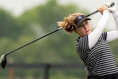 Rebecca Reed (B.B.A. ’22) tees off April 15, 2024, at the Lone Star Conference Championship in Thackerville, Oklahoma.