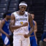 Wayne Wiggins (junior, guard) celebrates after taking the lead in our 83-81 overtime win against Texas A&M-Kingsville.