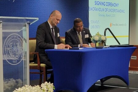 Milan Adámek, Ph.D., Rector of Tomas Bata University in Zlín, Czech Republic, signs an MOU with St. Mary's President Winston Erevelles, Ph.D.