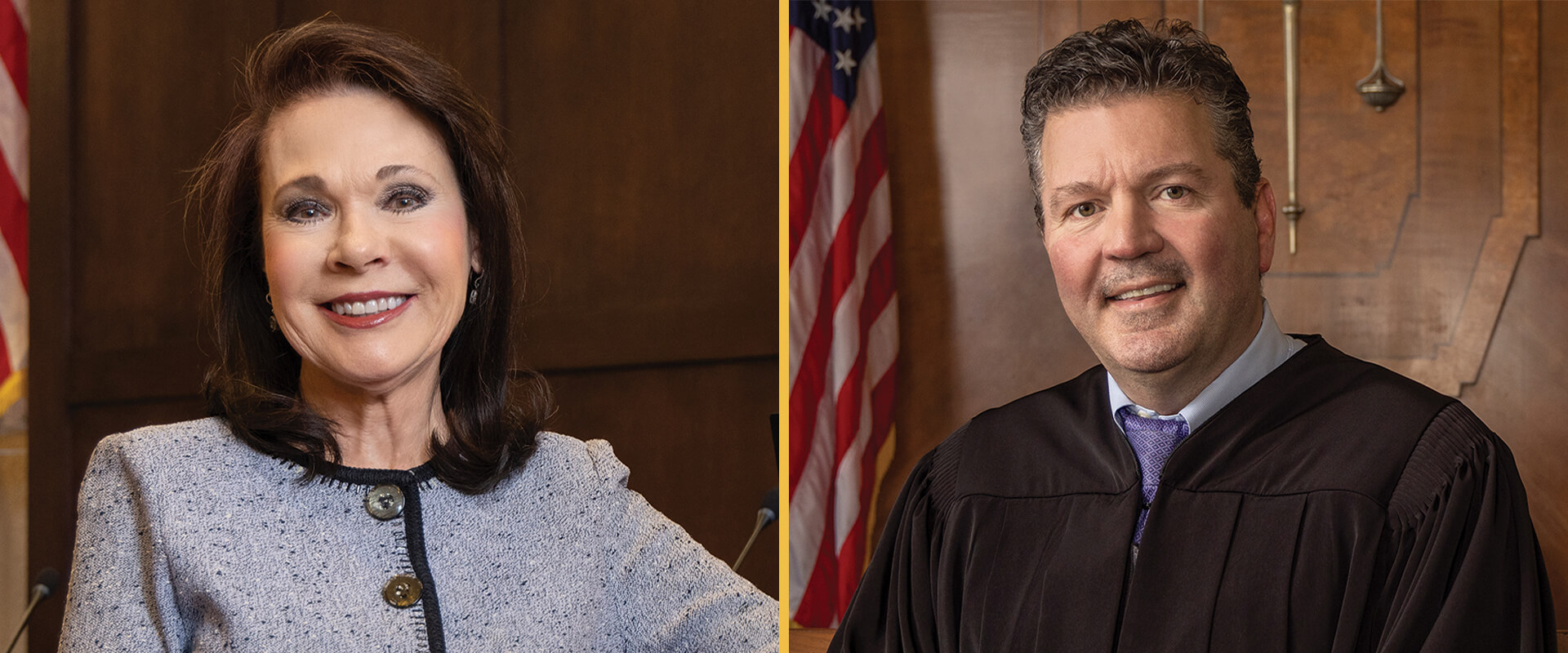 The Hon. Mariallyn Barnard and the Hon. Patrick Sweeten are shown in their respective Texas Business Court courtrooms.