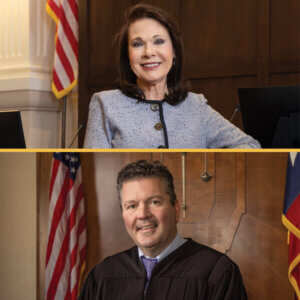 The Hon. Mariallyn Barnard and the Hon. Patrick Sweeten are shown in their respective Texas Business Court courtrooms.