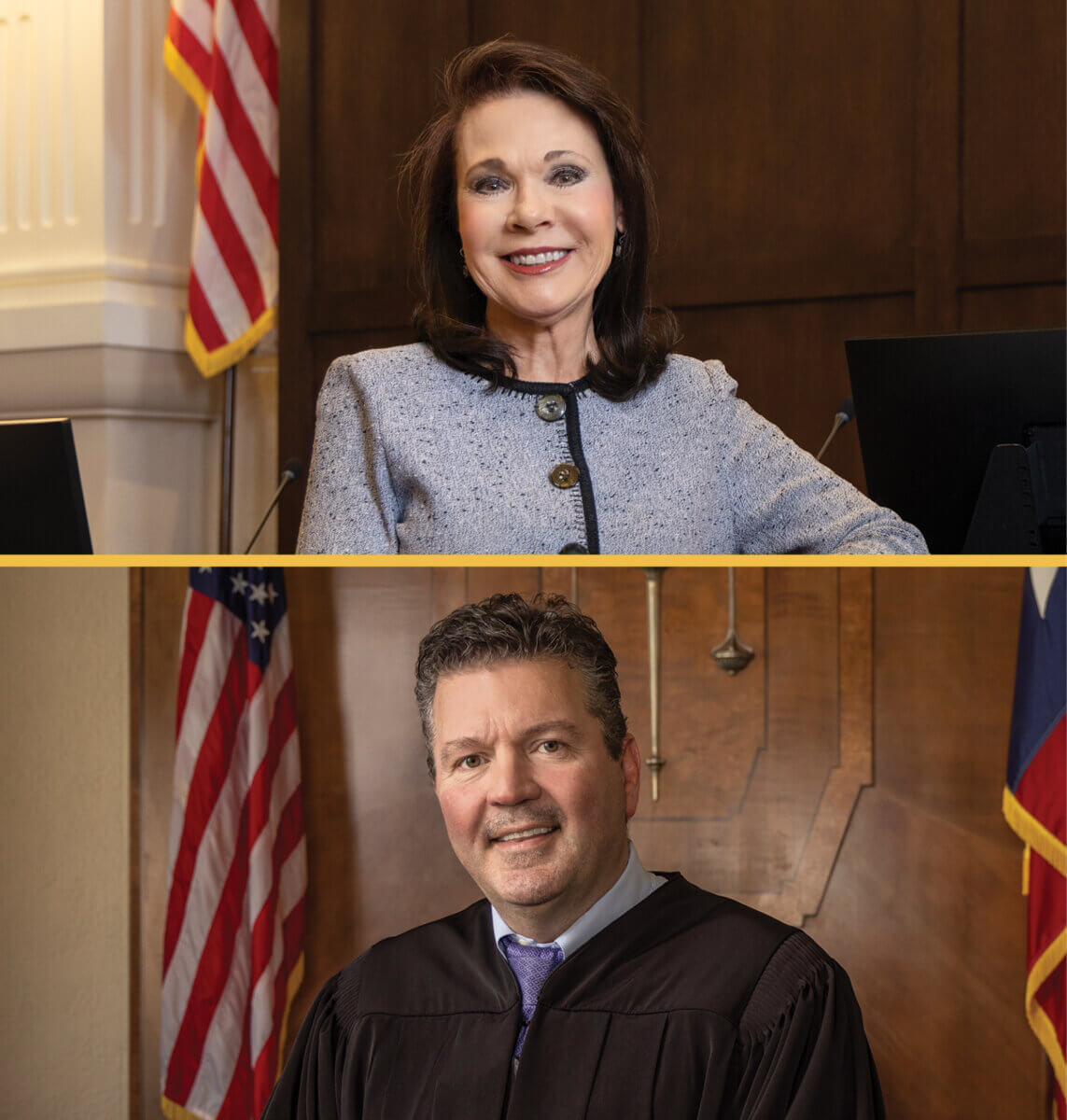 The Hon. Mariallyn Barnard and the Hon. Patrick Sweeten are shown in their respective Texas Business Court courtrooms.