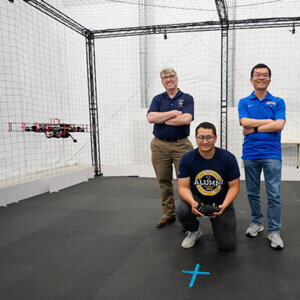 From right, Lecturer of Engineering Ben Abbott, Ph.D.; Scott Roelker (B.S. ’25); and Professor of Computer Engineering Wenbin Luo, Ph.D.