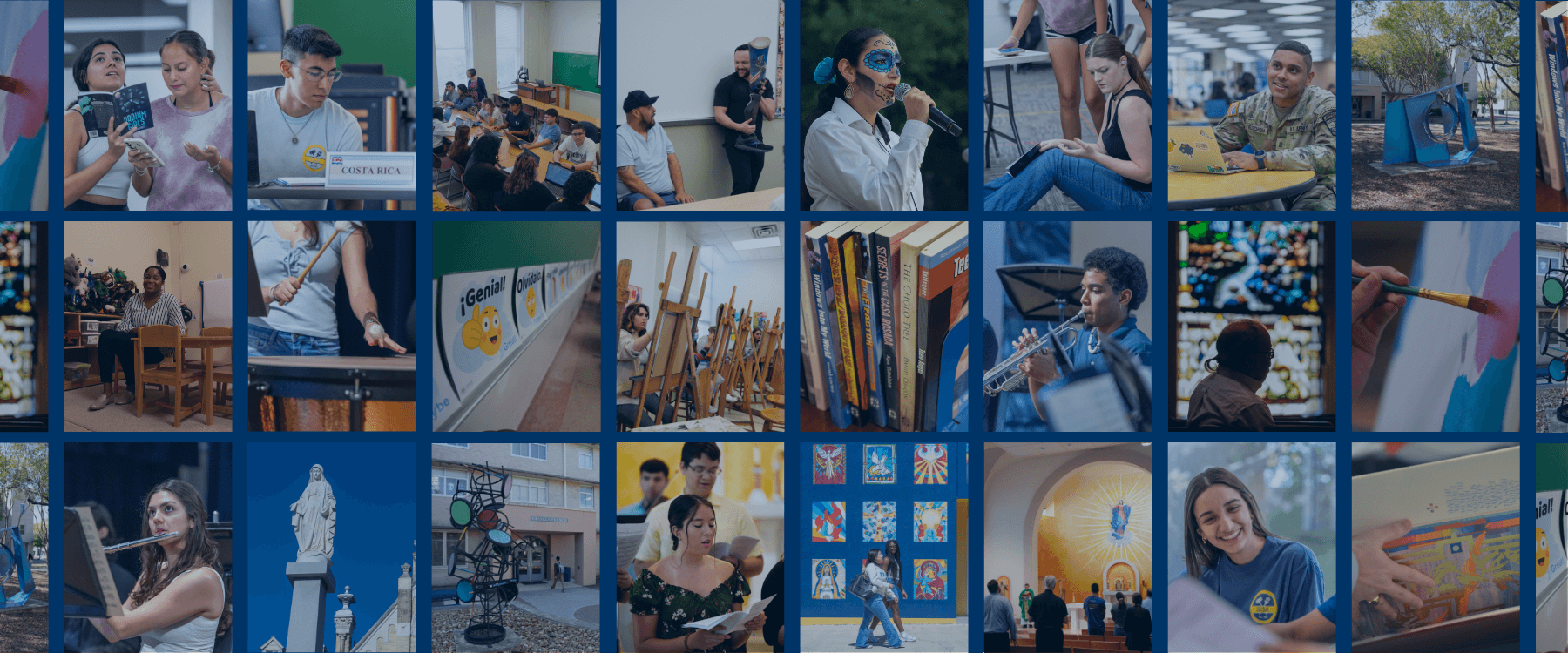 A collage of images representing various programs across the College of Arts, Humanities and Social Sciences, including art, English, languages, music, political science and theology.