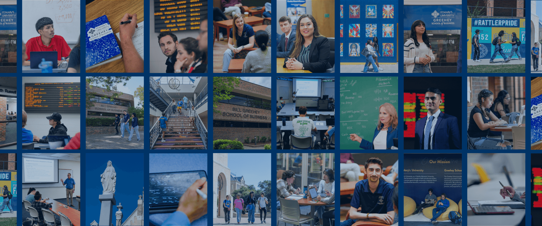 A collage of images representing various programs across the Greehey School of Business, including accounting, finance, marketing, and risk management.