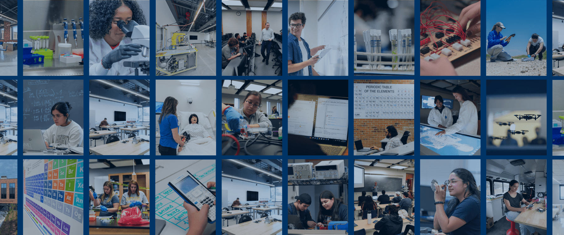 vA collage of images representing various programs across the School of Science, Engineering and Technology, including nursing, engineering, biology, chemistry and mathematics.