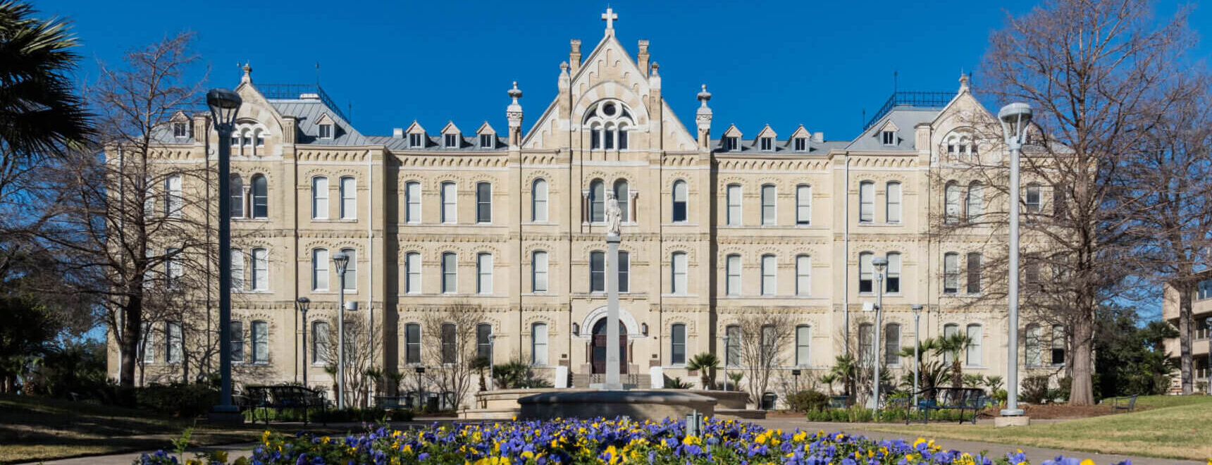 Blue and Gold flowers in front of St. Louis Hall