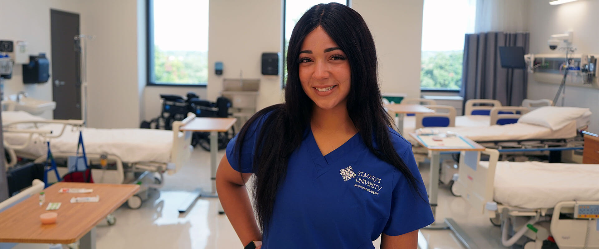 Paige Severson, the first student to officially enter St. Mary’s University’s new Bachelor of Science in Nursing Program, visits the IBC Foundation Nursing Wing in the Blank Sheppard Innovation Center.