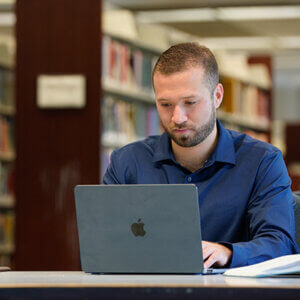 A student takes a course on a computer at the St. Mary's University School of Law.