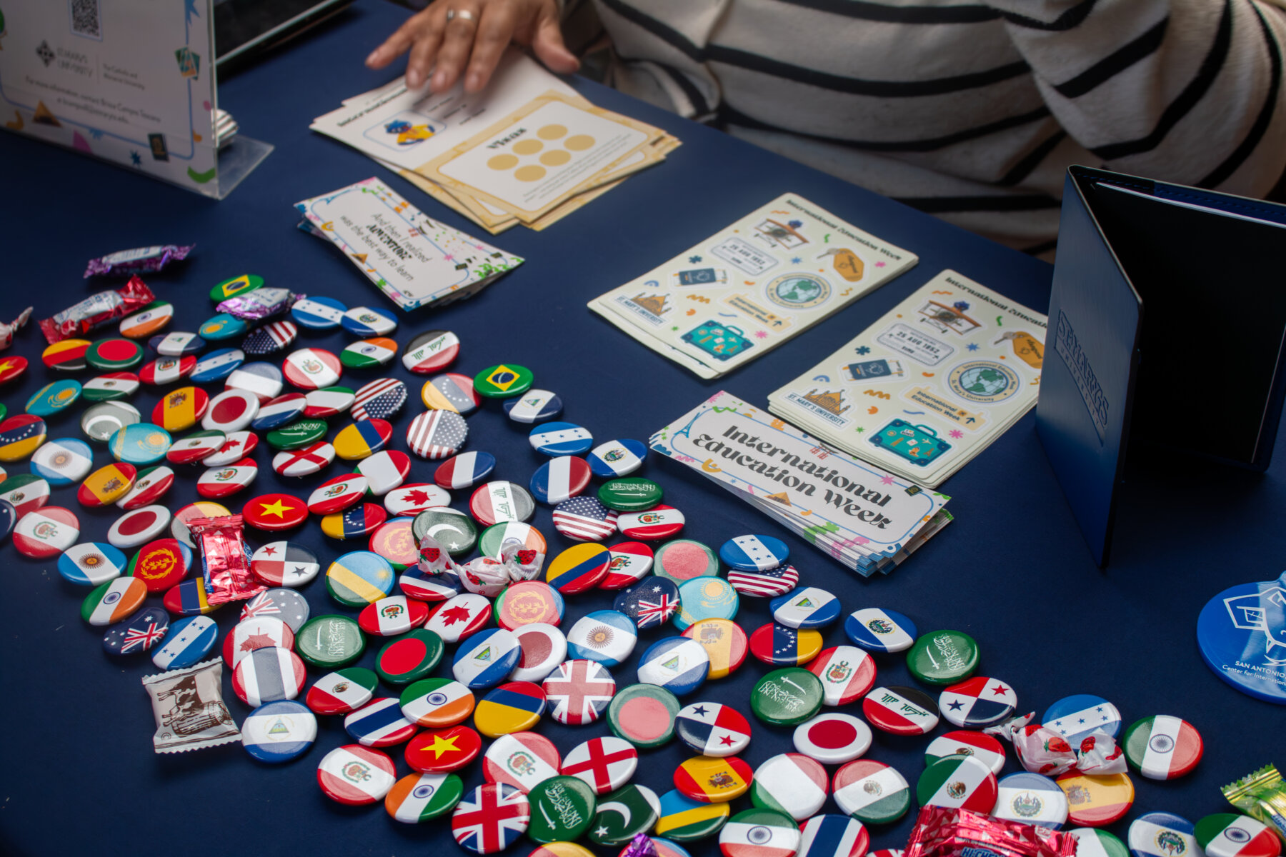 A table with pins displaying flags from across the world.