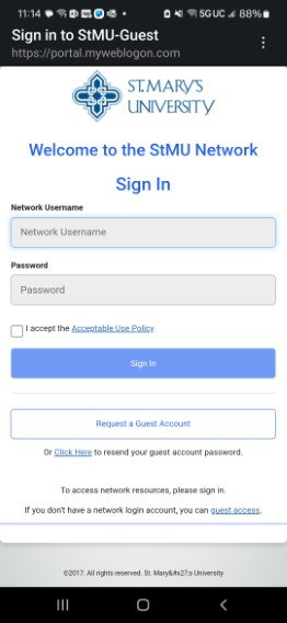 St. Mary's University Guest Wifi sign in screen on a mobile device.