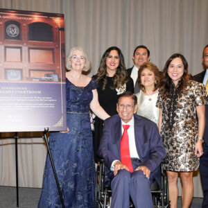 Photo with Dean Patricia Roberts and President Winston Erevelles flanking Gamez family after $1 million gift announced.