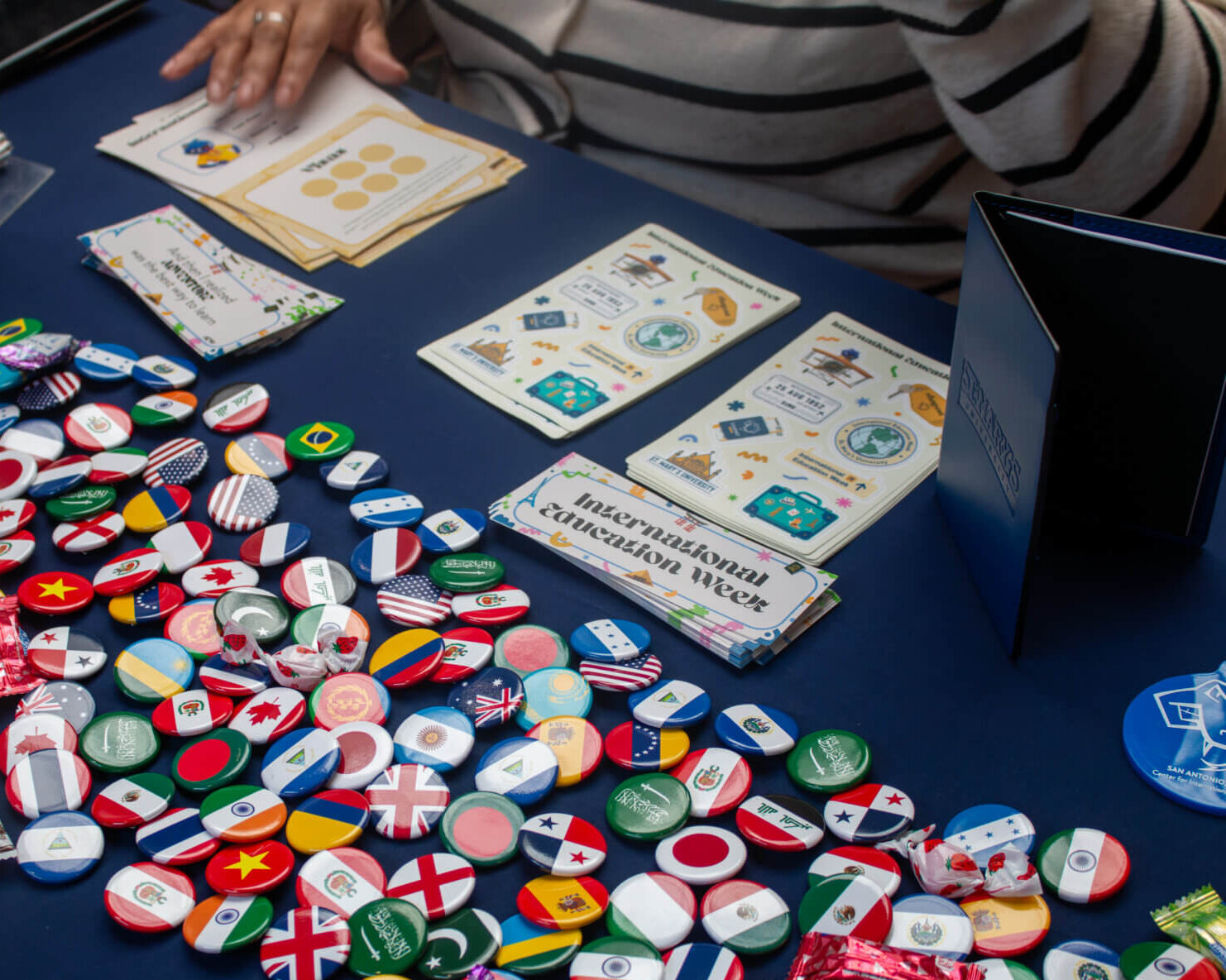 A table with pins displaying flags from across the world.