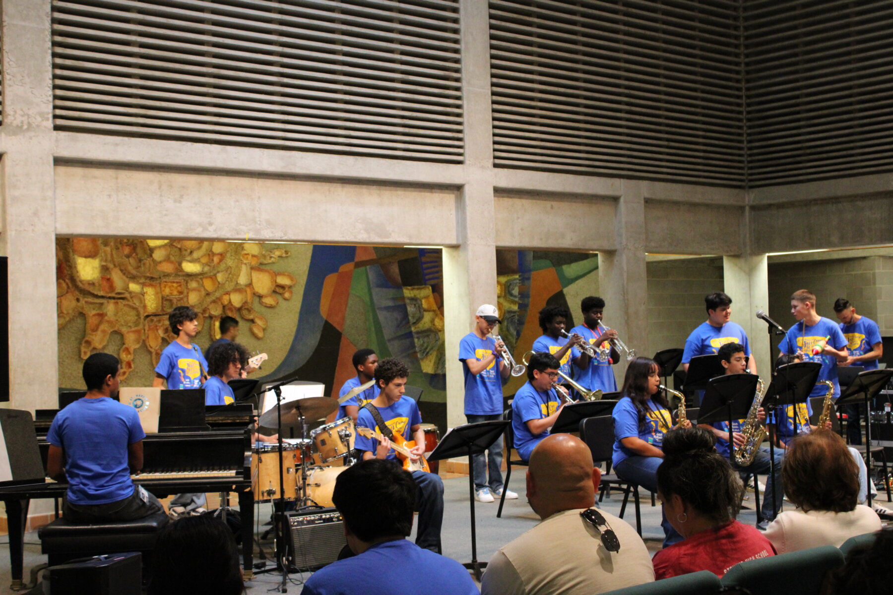 Summer Jazz Camp group practice playing their instruments in the Treadaway Recital Hall.