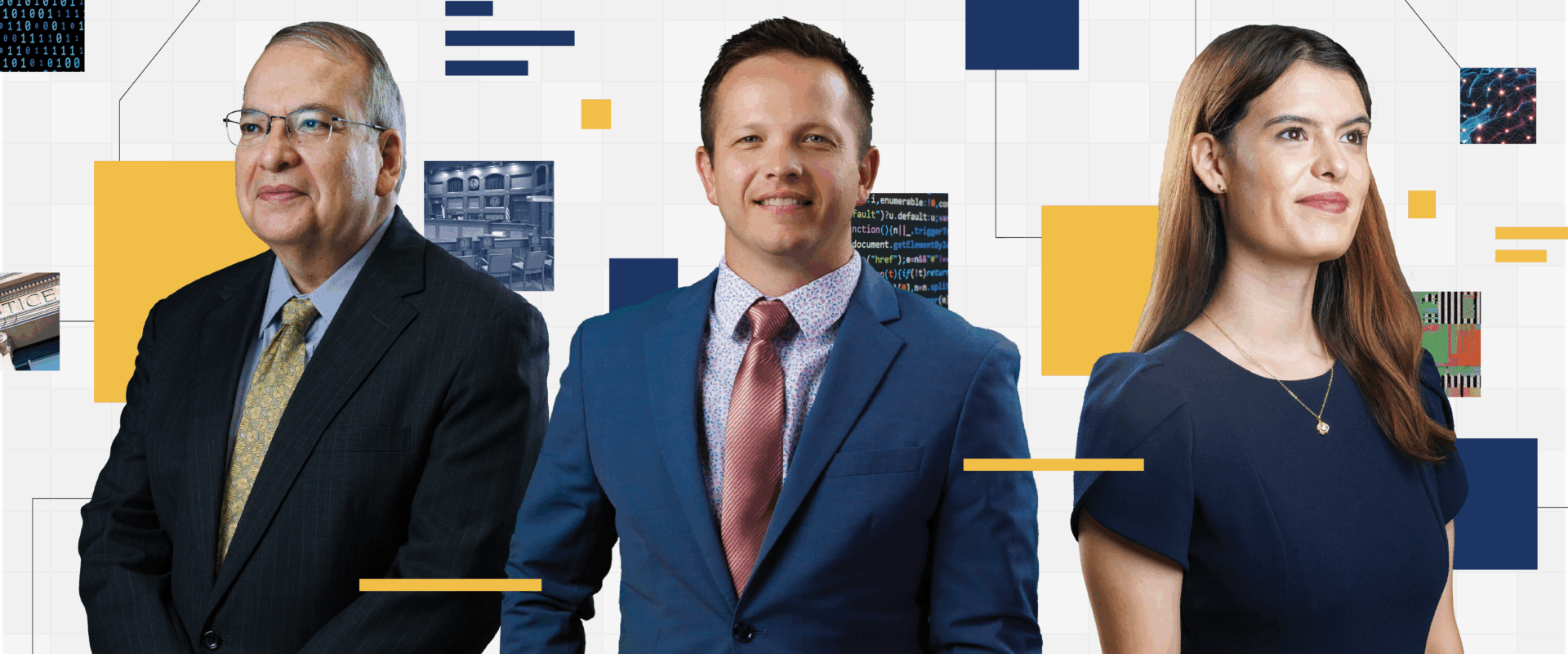 Web banner for cover story showing two professors and one graduate who are featured in story.