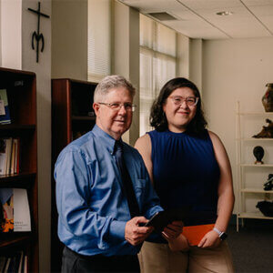 Bradford Whitener, Ph.D., and student Julia Camacho discuss her recent project.
