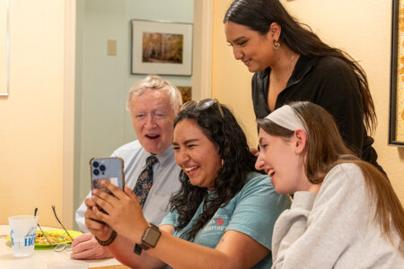 Brother Michael Sullivan, S.M., D.M.A., Lecturer of Music at St. Mary’s, jokes with students.