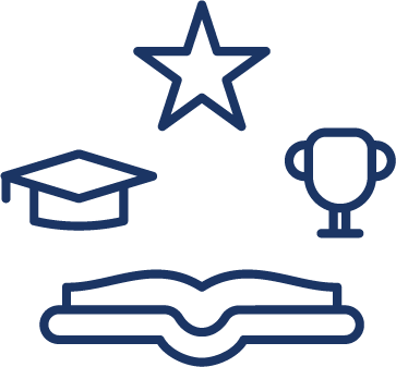 A graduation cap, star and trophy above an open book.