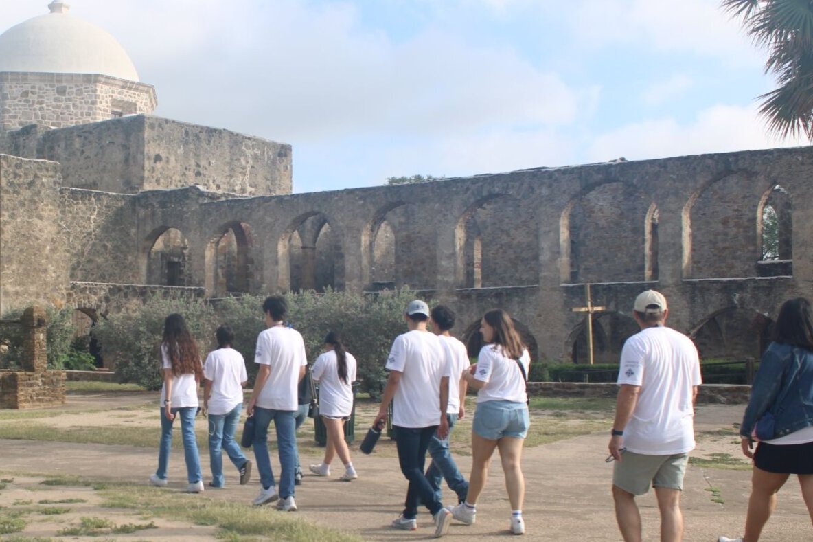 Students in the Wayfinders Program at St. Mary's University go on a pilgrimage and walk around the San Antonio missions.