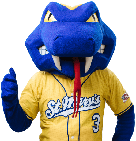 Rattler Man gives a thumbs up as he wears his gold shirt with the words St. Mary's on it.