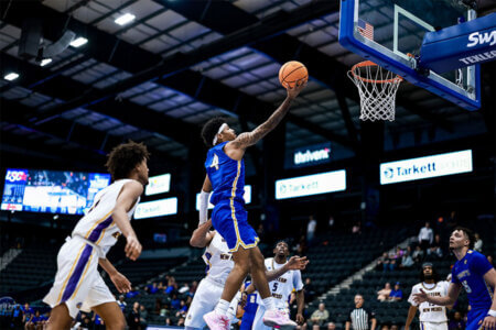 St. Mary’s University Men’s Basketball guard Lawyer Jones makes a lay-up during the Lone Star Conference tournament quarterfinals.