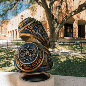 The newly installed Rattler Ring replicas sit on campus near the Barrett Memorial Tower.