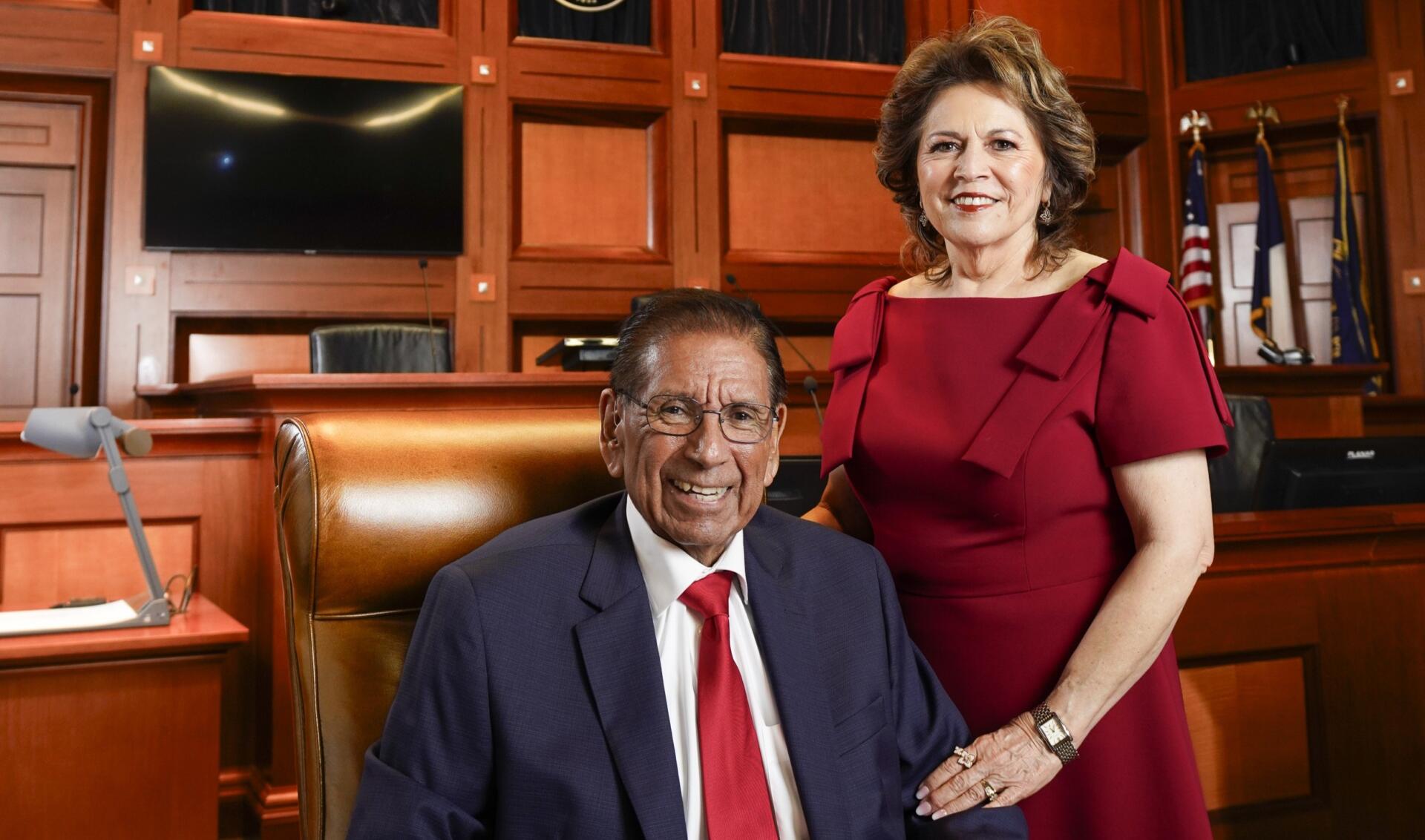 Joe A. Gamez and Carmen Gamez visit the courtroom, named in his honor. Gold and Blue magazine cover.